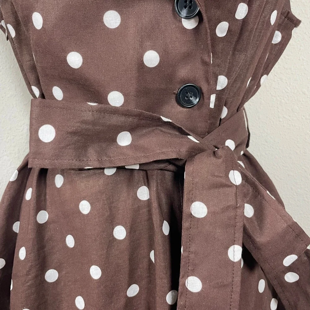 Linen Vibes Polka Dot Midi Dress Women M Brown Rockabilly Feminine Sleeveless - Picture 11 of 11